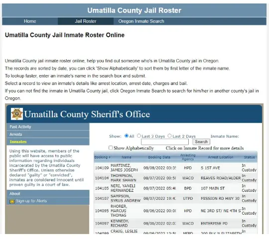 Umatilla County Jail Roster Pendleton Oregon