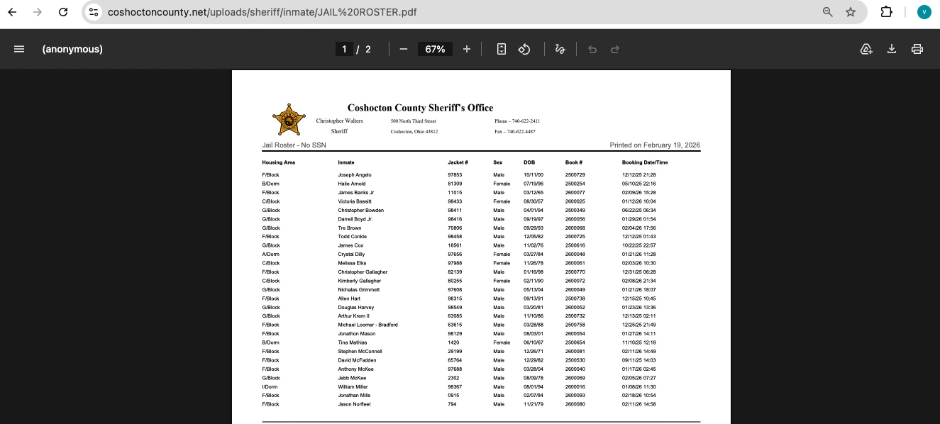 Coshocton County Jail Roster
